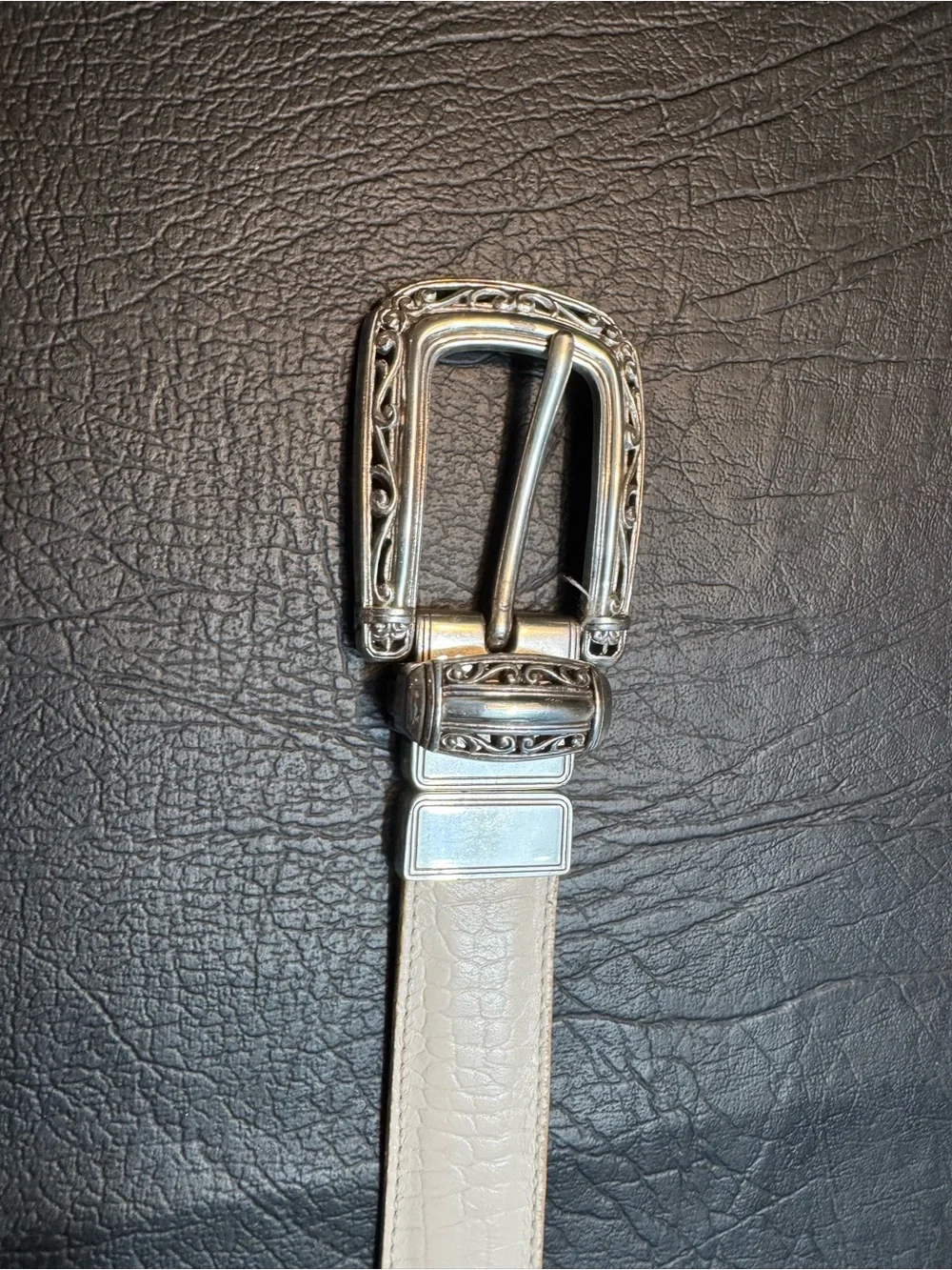 Brighton Reversible Croc Embossed Leather Belt Ivory Tan Silver Buckle L 34